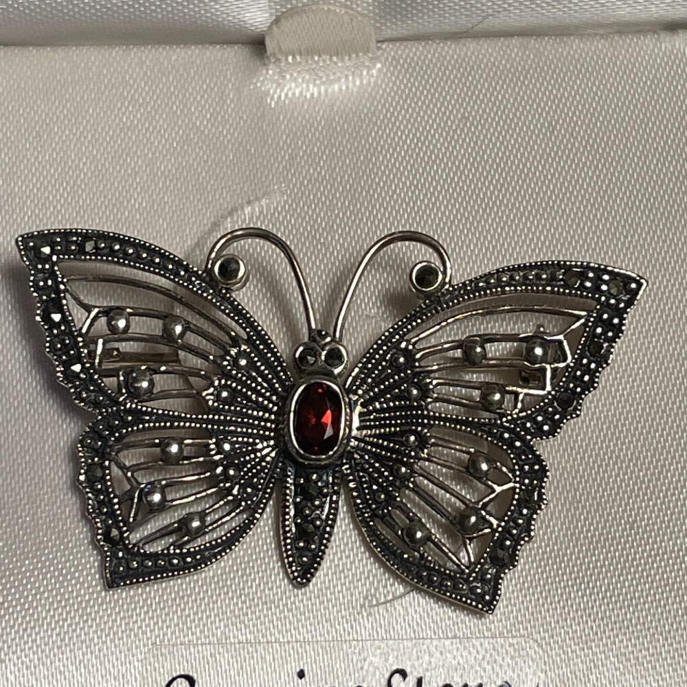 Vintage Sterling Silver Marcasite Garnet Butterfly Brooch
